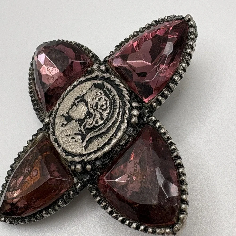 Vintage Glass Maltese Cross Medalion Brooch Purple Dark Silver Tone